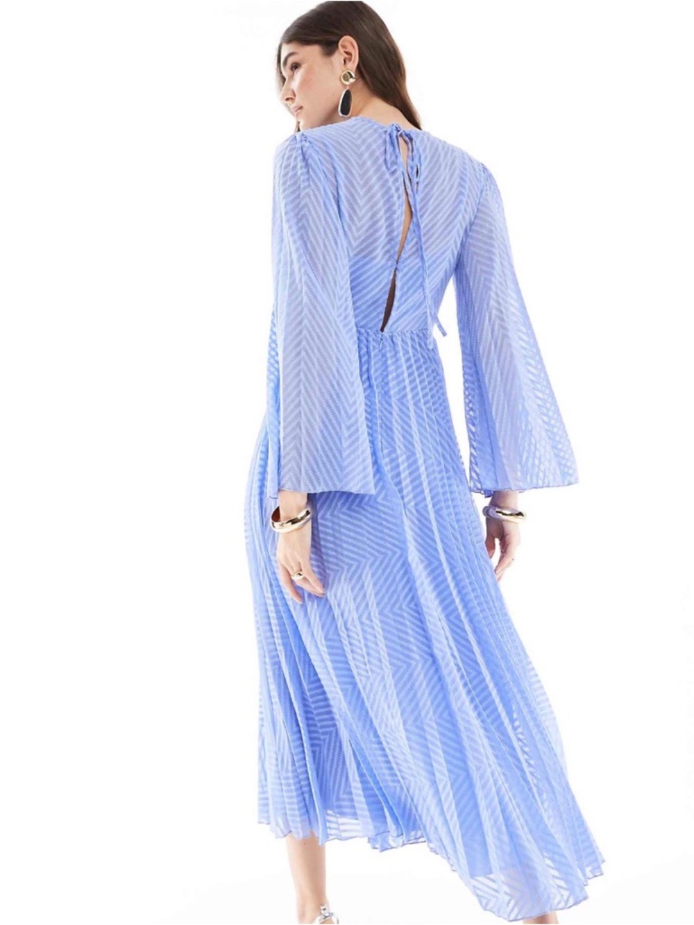 Light Blue Sheer Chevron Midi Dress with Bell Sleeves